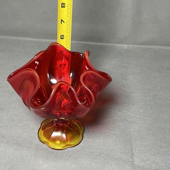 Vtg 70s L E Smith Amberina Glass Footed Pedestal Bowl Handkerchief 6 Finger Vase - Picture 9 of 10